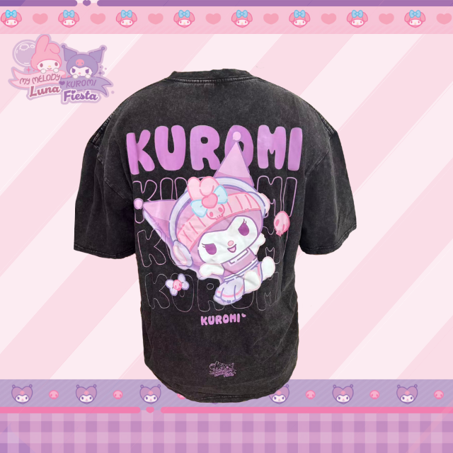 Sanrio 正版授權 Kuromi 訂製 T-Shirt,黑色復古洗水風格配搭背面大圖印刷,潮流動漫周邊團體衫 - BeGiftHK