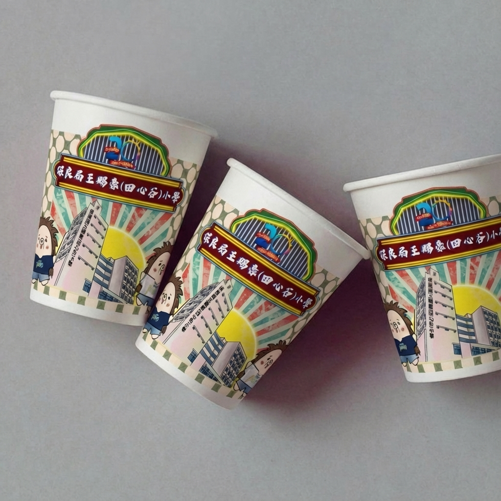保良局王賜豪(田心谷)小學訂製紙杯，印有刺蝟吉祥物圖案，適合校園活動使用的食品級一次性水杯 - BeGiftHK