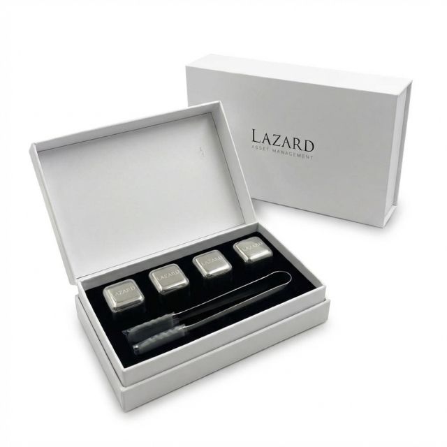 LAZARD 訂製不鏽鋼冰塊禮盒，包含 4 粒雷射雕刻 Logo 冰石及冰夾，高端商務威士忌酒具禮品 - BeGiftHK