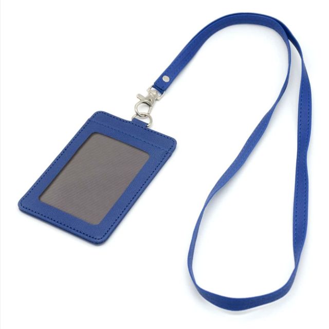 藍色商務 PU 皮革證件套，配備同色系皮質掛繩及金屬扣，企業員工證及門禁卡套訂製 - BeGiftHK