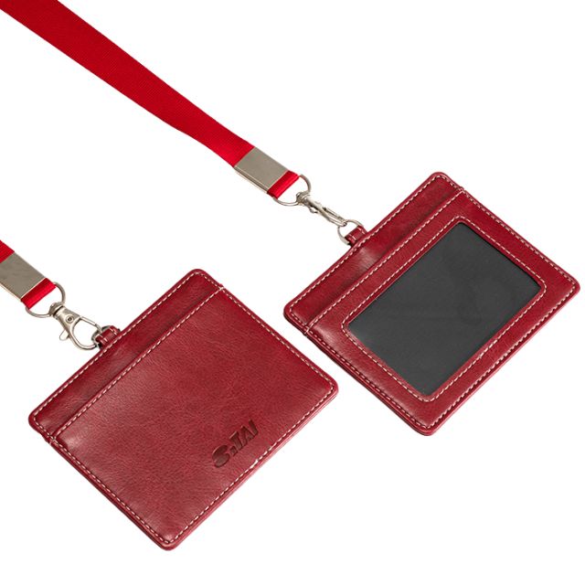 紅色 PU 皮革證件套連掛繩，雙面卡槽設計配金屬扣，企業員工證及展覽嘉賓證訂製 - BeGiftHK