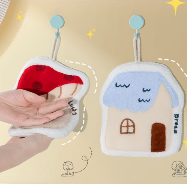 創意造型掛式擦手巾_蘑菇與小屋卡通設計_珊瑚絨吸水材質_適合茶水間使用