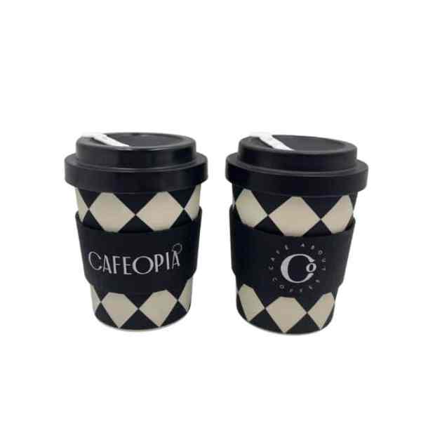 竹纖維咖啡杯訂製_黑白格紋設計_黑色矽膠隔熱套_ESG環保禮品