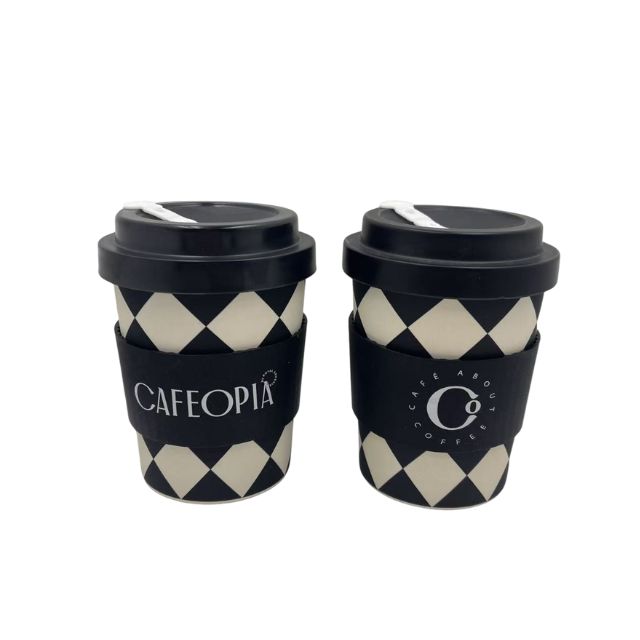 竹纖維咖啡杯訂製_黑白格紋設計_黑色矽膠隔熱套_ESG環保禮品