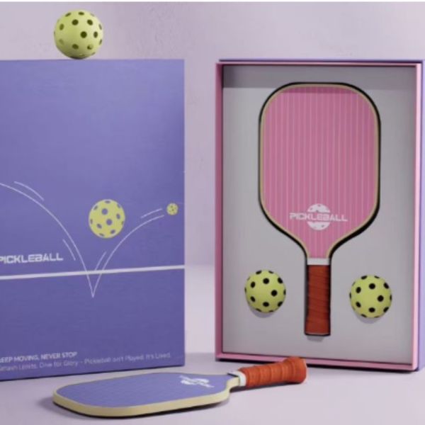 Pickleball天地蓋禮盒訂製_紫粉幾何圖案客製化雙拍連球套裝_立體陳列深度防震內托_高階品牌聯乘限量版包裝