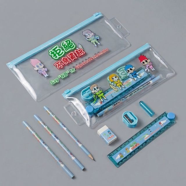 校園宣傳文具套裝訂製_電影報刊辦拒絕不良資訊宣傳禮品_全彩客製化透明筆袋連鉛筆直尺
