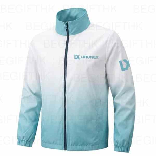 企業風褸外套訂製_LXLirunex金融機構制服案例_全彩熱昇華漸變色防風褸_香港專業禮品訂製公司