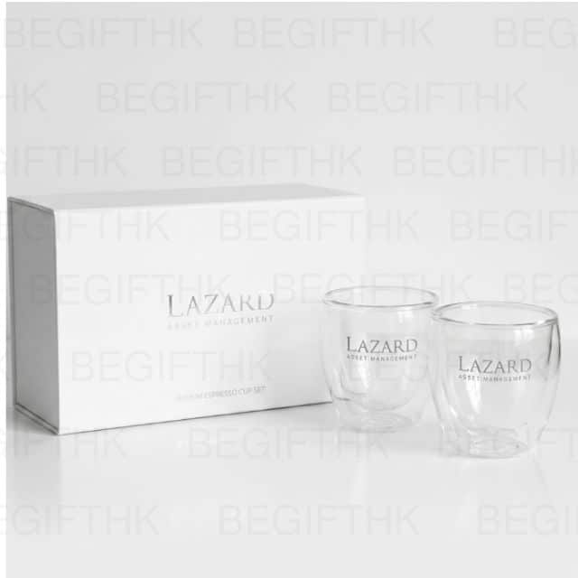雙層玻璃杯禮盒訂製_Lazard資產管理VIP禮品案例_Bodum品牌聯乘咖啡杯套裝_燙銀Logo精裝天地蓋白盒_香港專業禮品訂製公司